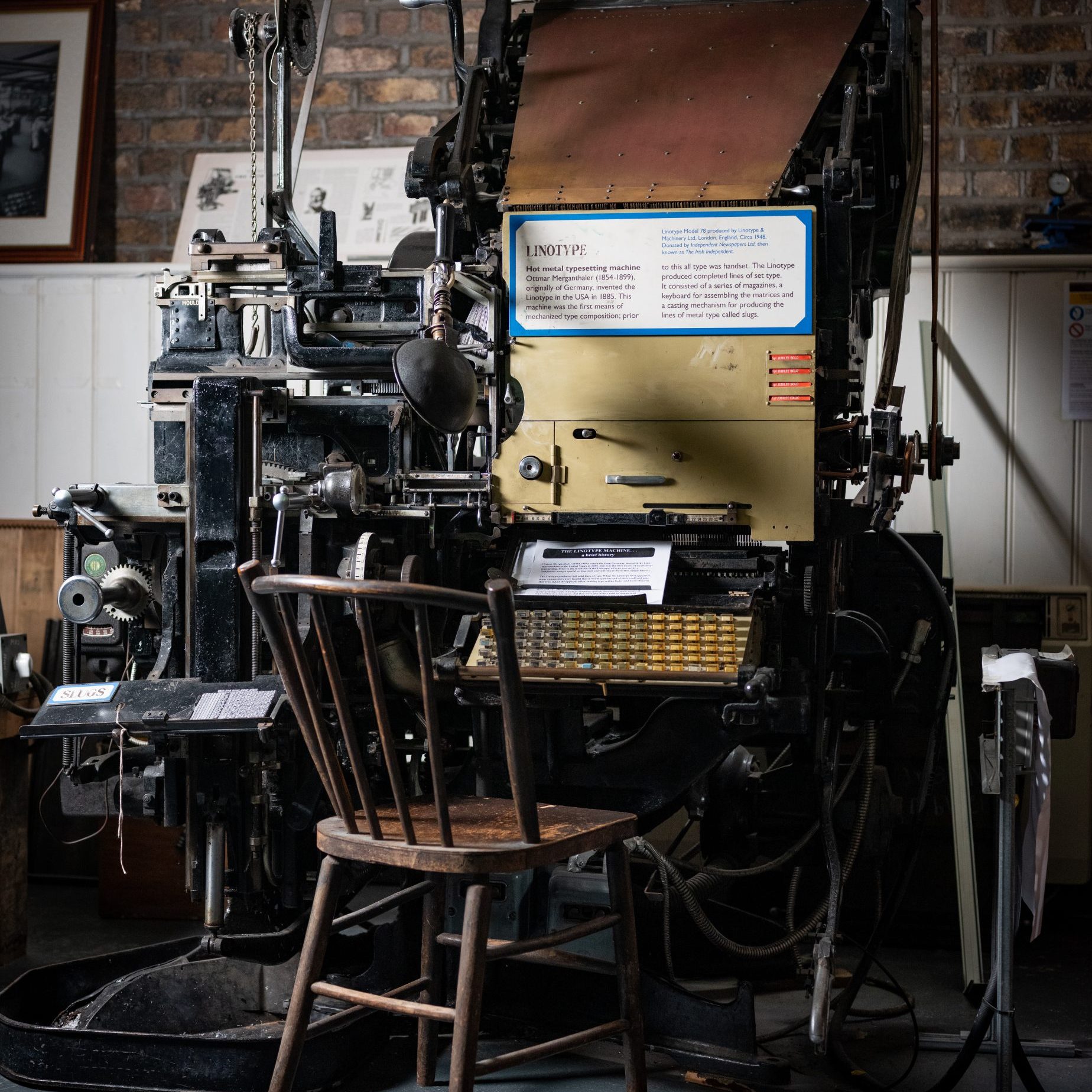 The linotype machine on display at the Museum