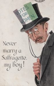 This card shows an apparent hen-pecked husband, appealing to the male viewer to “Never marry a suffragette, my boy!” Male suffrage supporters were often publicly ridiculed for their stance. Association with the campaign was seen as a feminine and emasculating activity, and Irish supporters like Francis Sheehy Skeffington regularly faced huge public mockery. The ‘Votes for Woman’ placard on his hat shows the British colours of the WSPU. The Irish equivalent of the WSPU, the IWFL, used their own organisational colours of orange and green to distinguish themselves from the English campaign.