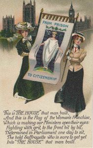 Pro-suffrage postcards, circa 1908 - 1912 Part of a series designed as a response to another anti-suffrage postcard series which uses the same rhyme verse of ‘The House that Man built’. ‘The House that Man Built’ refers to the British House of Parliament, and the cards present a refined and respectable image of the suffragettes attempting to gain access.
