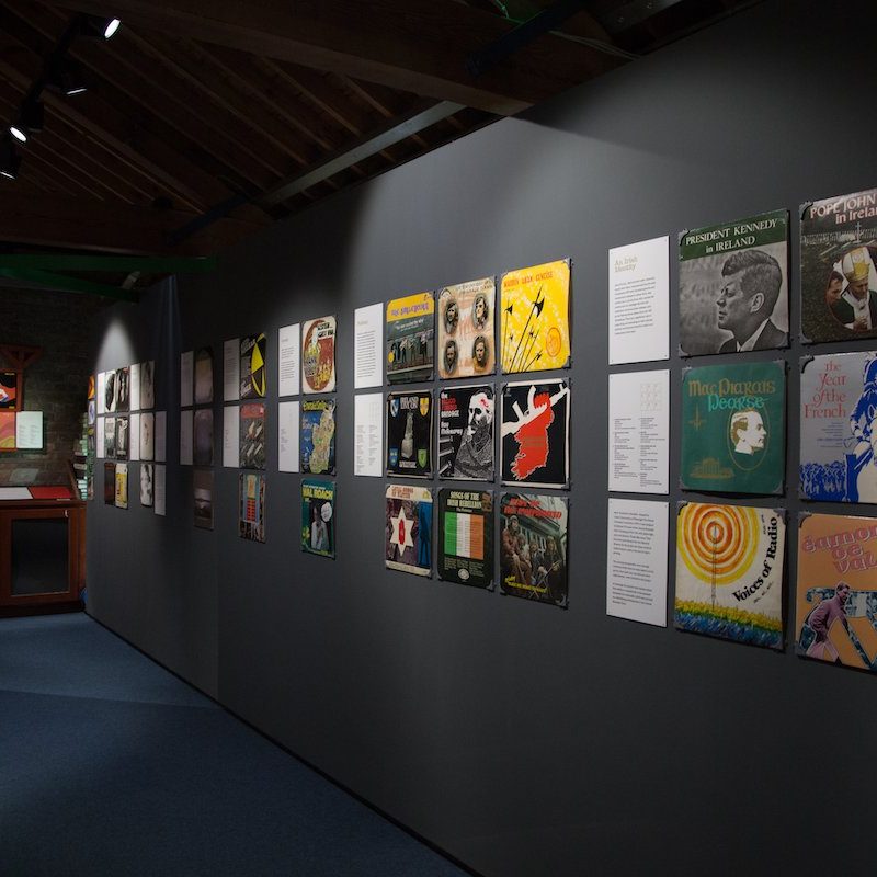 Green Sleeves exhibition at the National Print Museum, Dublin; installation shot of vinyl covers on display