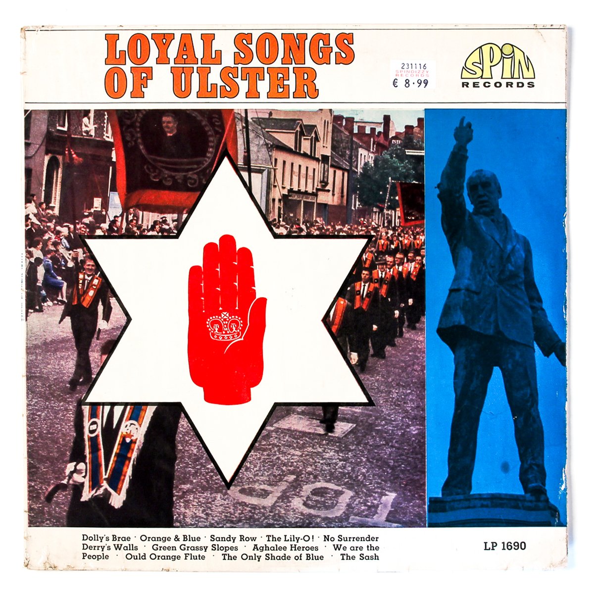 Vinyl cover of Loyal Songs of Ulster; Walter Davidson and the Ulstermen; Spin Records (1967; Design: L.P.A. Belfast/ Photographs on the cover of Loyal Songs of Ulster provided by N. Ireland Tourist Board; Print: N/A