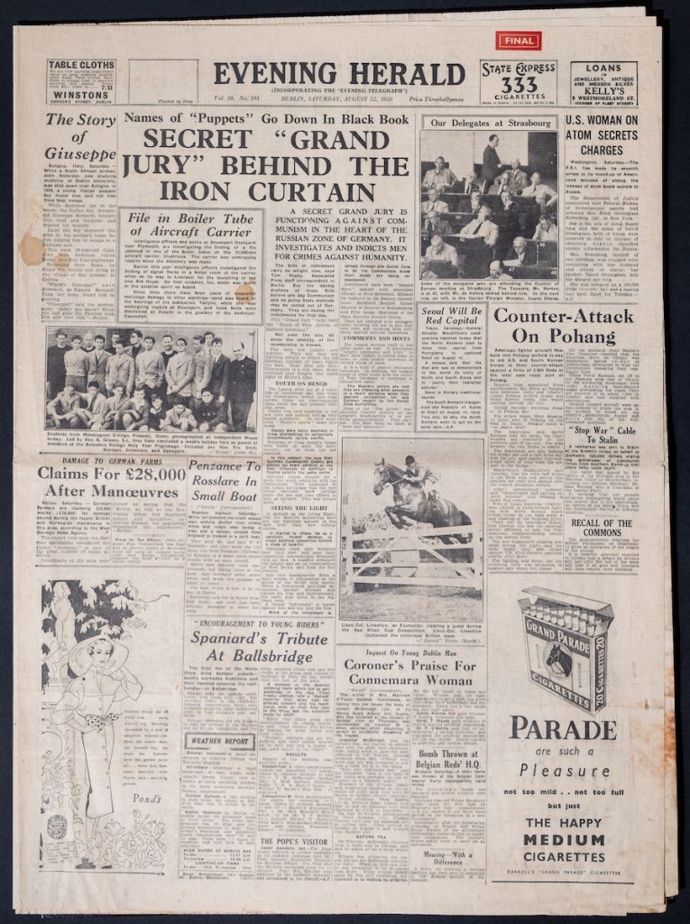 The front page of ‘The Evening Herald’, Saturday, August 12, 1950 The front page of ‘The Evening Herald’, Saturday, August 12, 1950