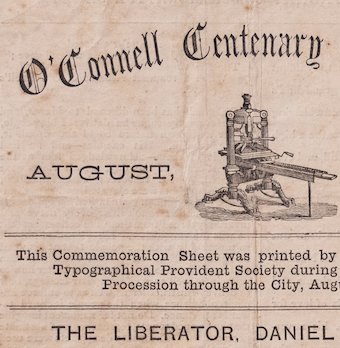 The frontpage of the Daniel O’Connell Centenary Celebration pamphlet, published by the Dublin Typographical Provident Society in 1875