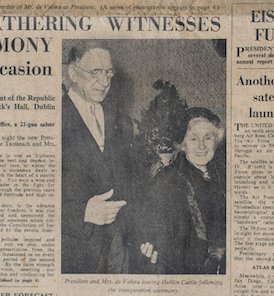 A detail of a newspaper page with a photo of Eamon de Valera in 1953