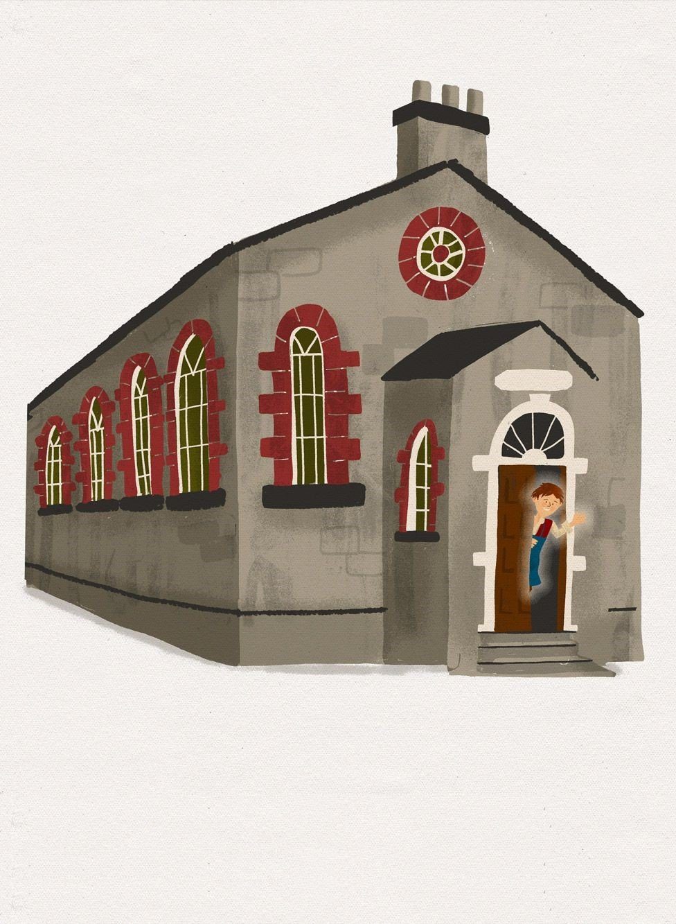 An illustration depicting the character Blot peeking out from behind the door of the National Print Museum, formerly the chapel building of Beggars Bush Barracks
