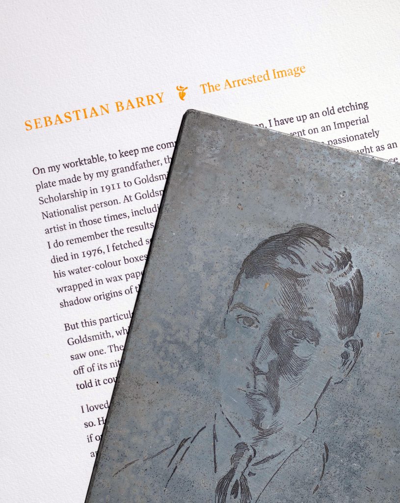 A photo of the letterpress-printed folio page of Sebastian Barry's short story, The Arrested Image, along with the printing plate of a boy's portrait mentioned in the story.