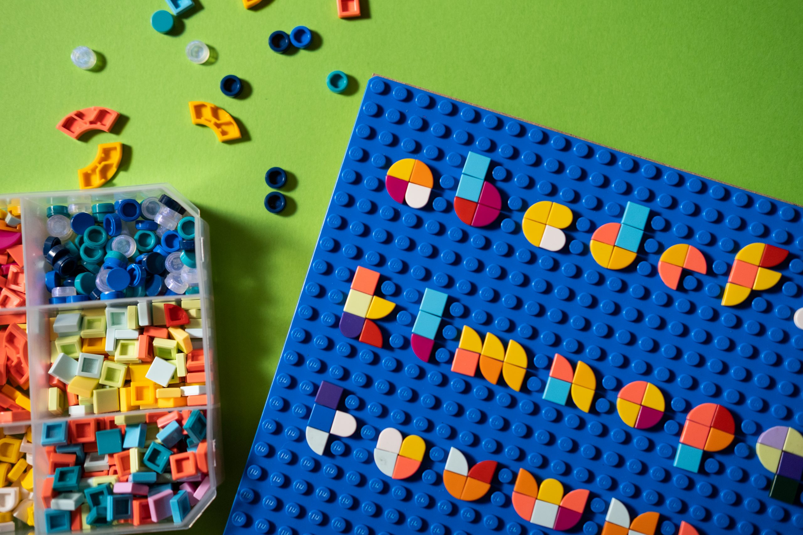 Lego print tiles and assembled letters