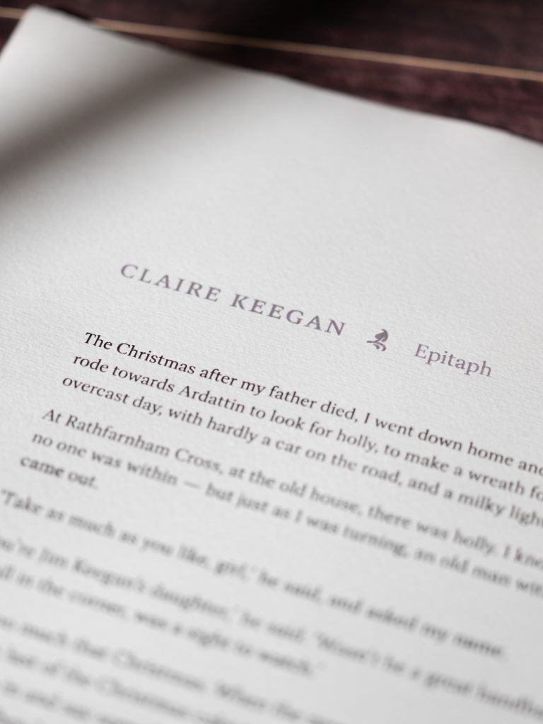 A photo of the letterpress-printed folio page of Claire Keegan's short story, Epitaph.