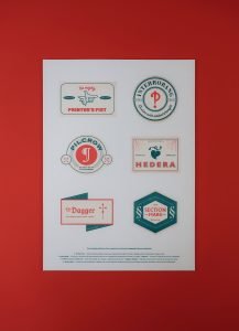 A poster of fictional logos depicting typography by Dave Darcy, in response to the exhibition 'Grand Stuff: Label Art in Ireland'