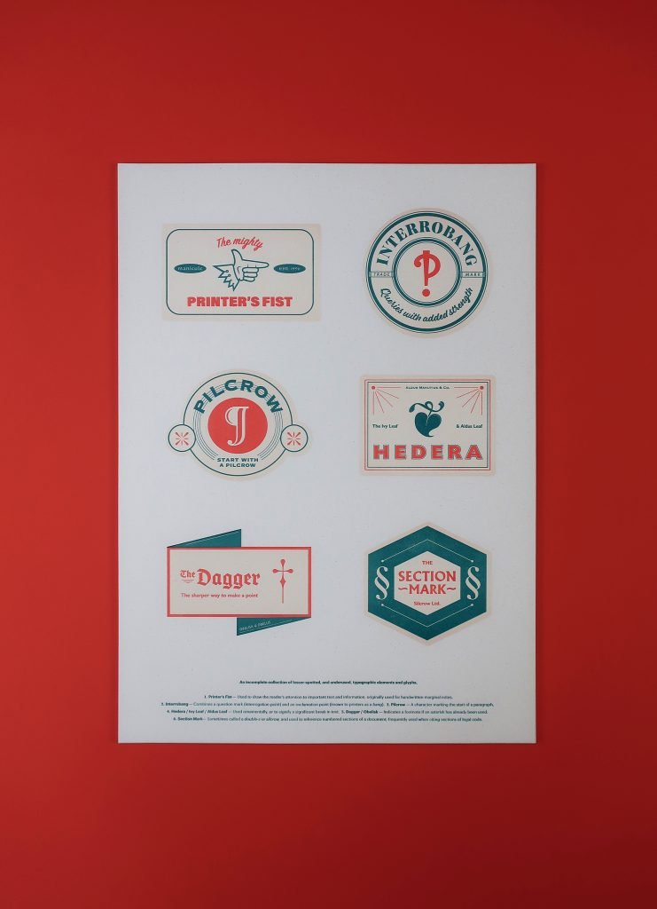 A poster of fictional logos depicting typography by Dave Darcy, in response to the exhibition 'Grand Stuff: Label Art in Ireland'
