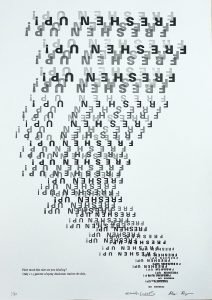 A letterpress print by Hannah Contras & Alison Ryan reading 'Freshen up! only 11.5 percent of spry deodorant reaches the skin'