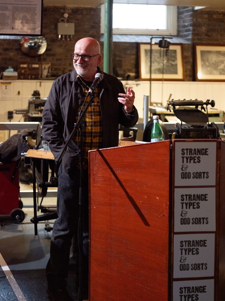 Roddy Doyle giving a speech in the Museum as part of the launch event for the book, Strange Types & Odd Sorts