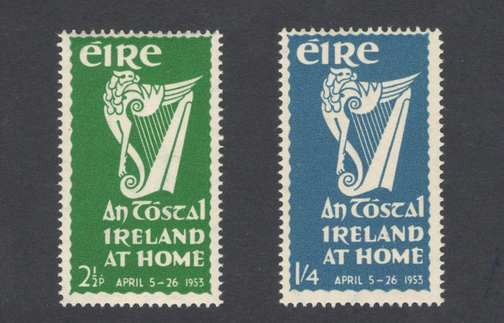 Two Irish postal stamps illustrated with a harp