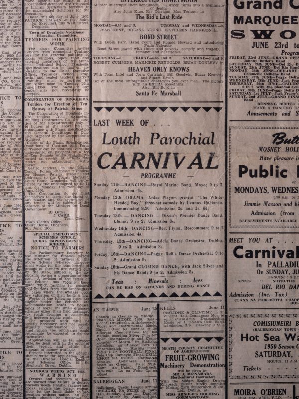 A newspaper containing an advert for the Louth Parochial Carnival, 1950