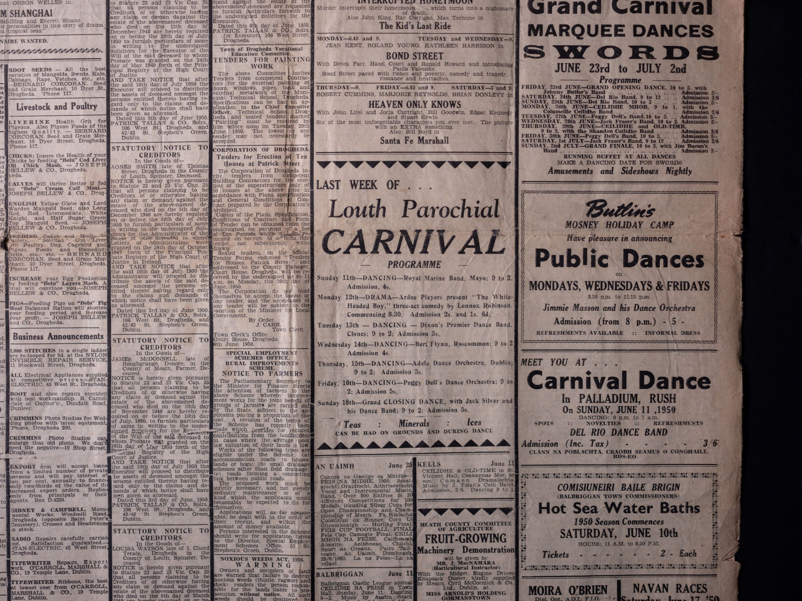 A newspaper containing an advert for the Louth Parochial Carnival, 1950