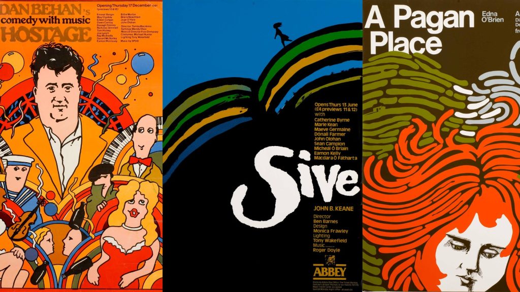 A collage of 3 Abbey Theatre posters: The Hostage, Sive, and A Pagan Place