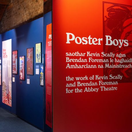 Title panel for the exhibition 'poster boys', with the exhibition visible in the background